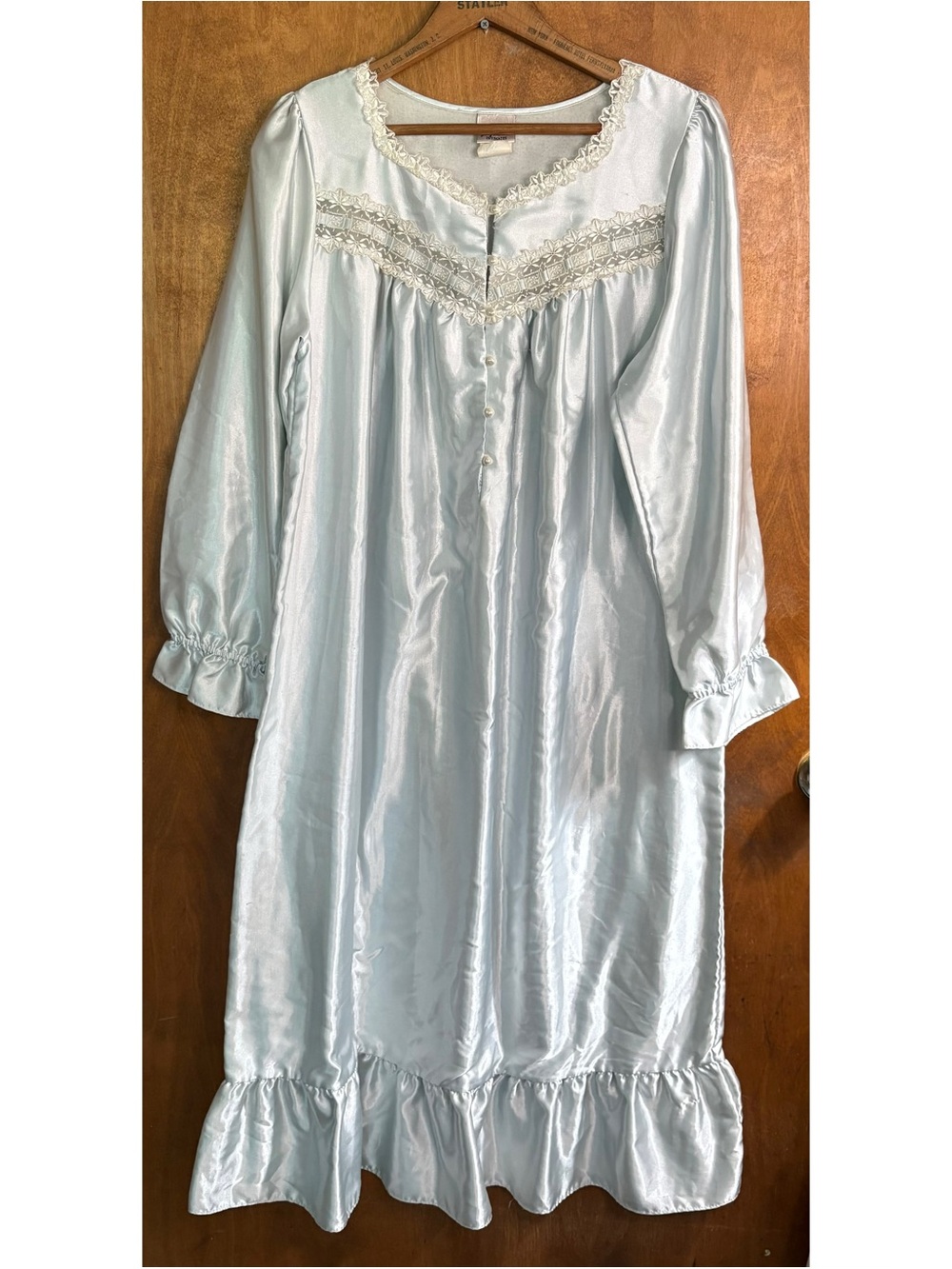 Vintage 90s Pastel Blue Lace Trim Maxi Dress Traditional Nightgown Bridgerton